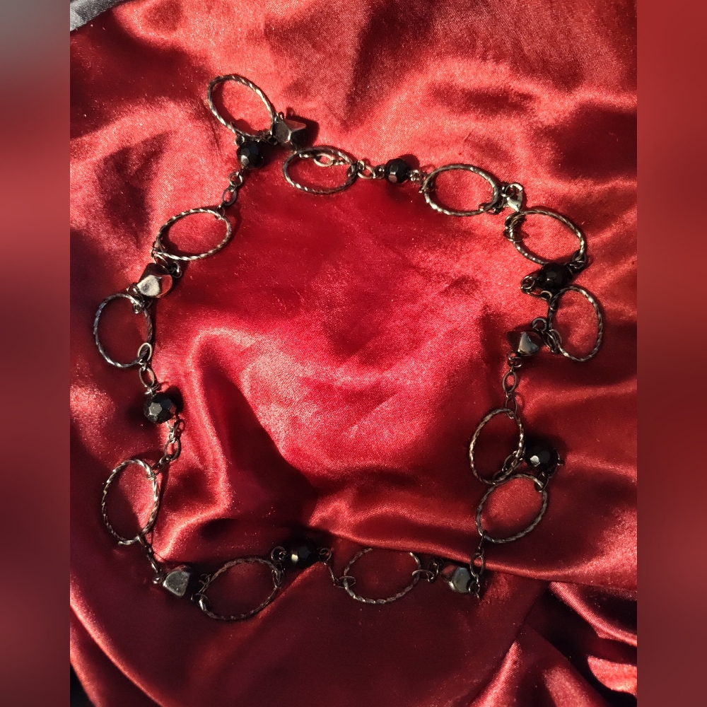 Gun Metal Chain With Glass Black Beads  & Oval Metal Links Necklace